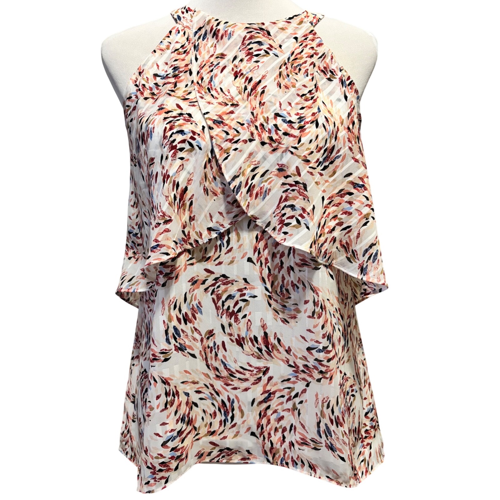 White House Black Market Halter Top Womens 4 White Red Abstract Tiered Ruffle